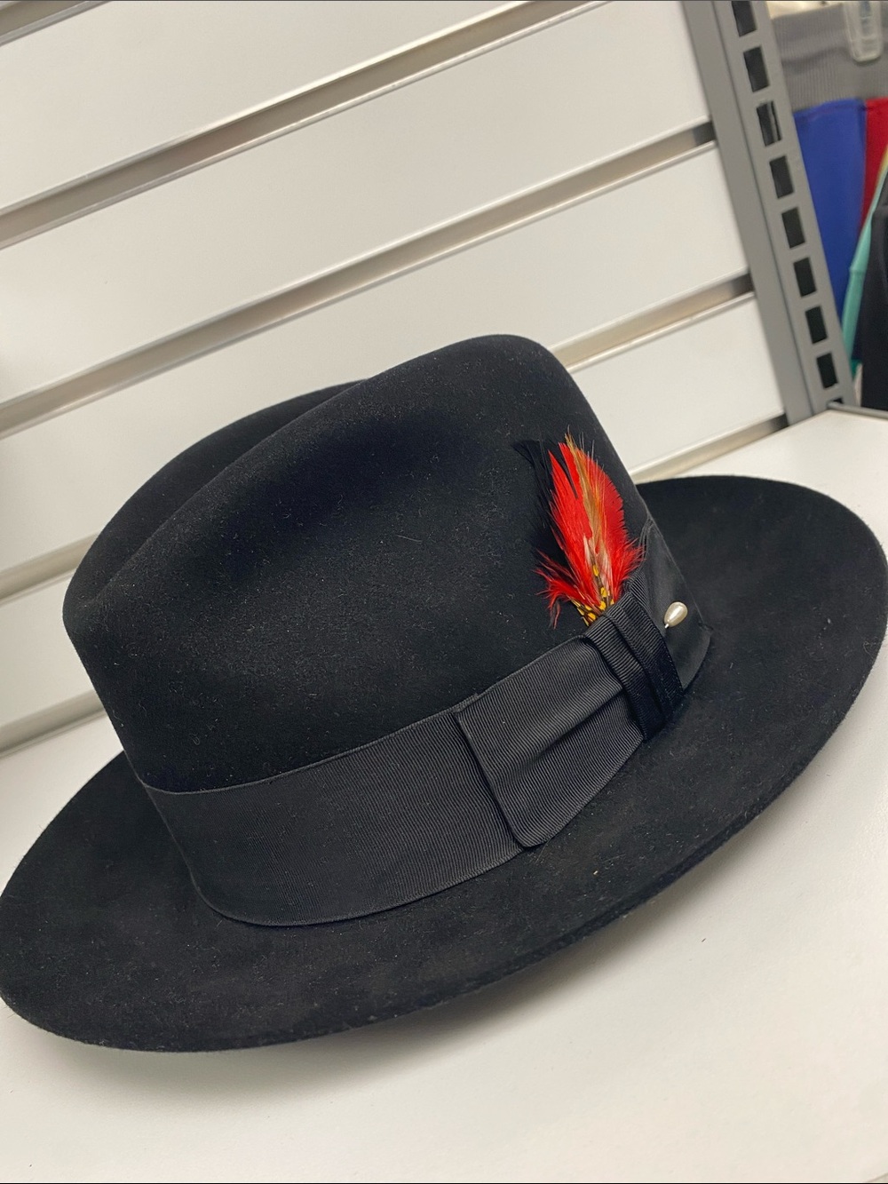 Black Wool Fedora with Red Feather Trim